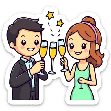 man and girl toasting with sparkling wine, smiling, cartoon sticker style sticker