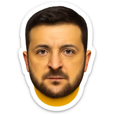 emoji-style portrait of Vladimir Zelensky with a yellow round face, very recognizable and detailed facial features, realistic eyes, hair, and beard, high quality sticker