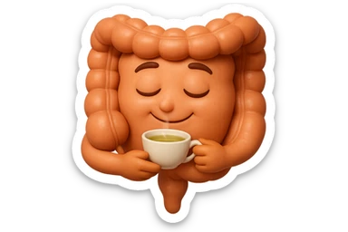 emoji stile iphone 3d di intestino umano sereno che si tocca la pancia mentre sorseggia un thè alle erbe, iperrealistico 4k sticker