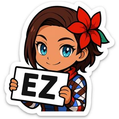 Azucena from Tekken 8 in chibi sticker style, holding a sign that says 'EZ', playful expression, designed for Twitch emote use sticker