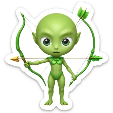 3D emoji-style green alien holding a bow and arrow, glossy texture, smooth skin, large expressive eyes, small humanoid body, minimalist background, soft lighting, Pixar-style rendering, high detail, cute but slightly serious expression, clean centered composition. sticker