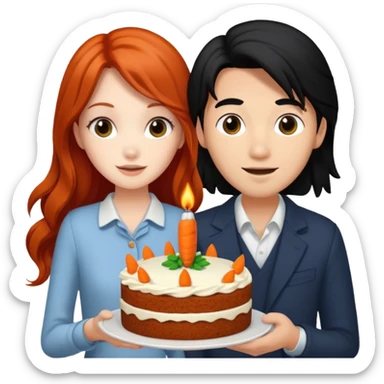 Redhead girl and Asian guy with long black hair and carrot cake sticker