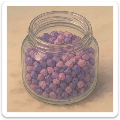 very realistic purple and pink crystal small rough pebbles in an open glass jar, mixed together, natural colors, soft, fairy-like atmosphere, no background, square size sticker