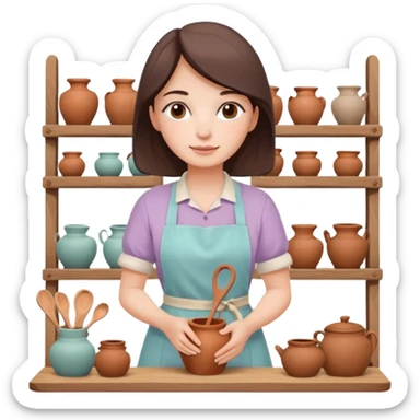 cartoon Apple iOS emoji style woman, pastel colors, Chilean wooden kitchen background, clay pots, warm light, detailed and clean vector art sticker