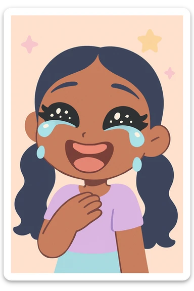 Bratz doll inspired anime character, dark skin, dark hair, laughing so hard she cries, big expressive eyes, glossy lips sticker