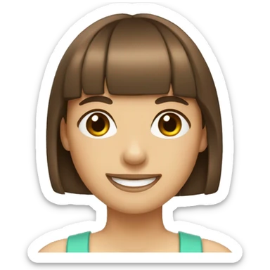 happy girl with brown hair and blunt bangs  sticker