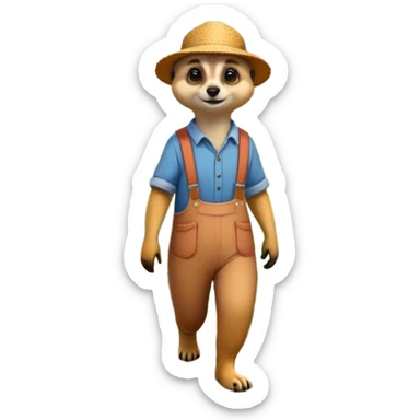 A Meerkat, dressed as a farmer, walking in the field with flowers and bushes surroundings and butterflies flying above  sticker