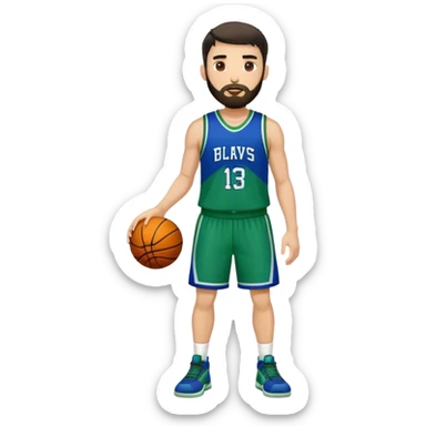 Full Body  white male basketball player with short dark hair and beard wearing blue and green uniform sticker