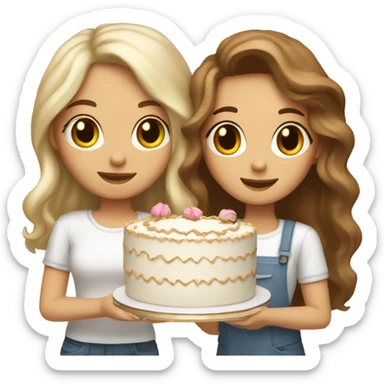 girl with blond wavy hair and tall girl with brown straight hair together holding big white cake sticker