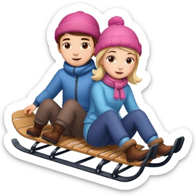 sledge surrounded with snow with boy and girl on top of it riding sticker