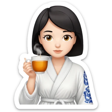 White girl with brown eyes and short black hair drinking a cup of tea in a bathrobe sticker