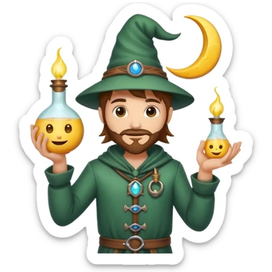 human forest alchemist character holding crescent moon like a glowing flask, mischievous idea face sticker