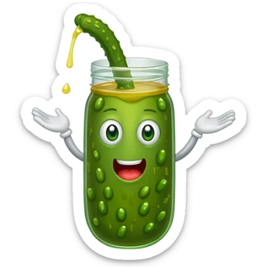 a cartoon pickle with juice squirting from the top of it, being squeezed by a hand sticker
