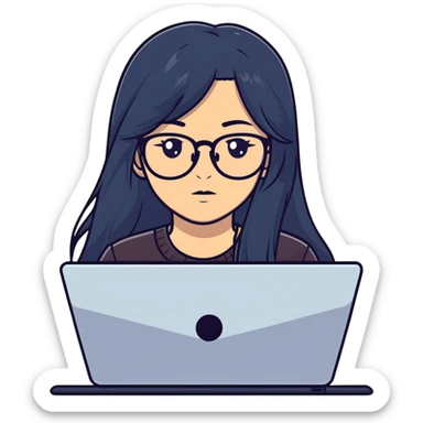 Girl with long black hair, glasses, nostril piercing, and a computer sticker