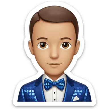 Fred Astaire with brown hair, dark blue sequin suit with bow tie sticker