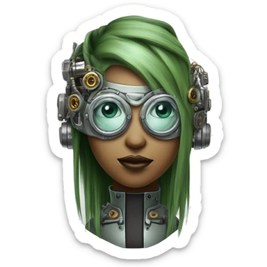 Olive green hair female cyborg head with silver steampunk goggles, goatee and circuits sticker