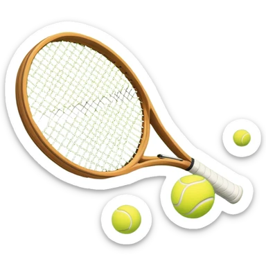 A tennis racket and ball positioned on a grass court, with the net and lines clearly visible in the background. The scene emphasizes the classic elements of the sport, capturing the energy and precision of a tennis match. sticker
