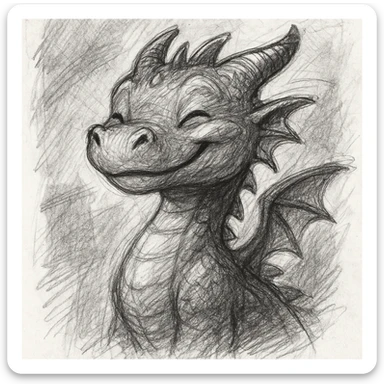 a cute dragon smiling, pencil sketch style sticker