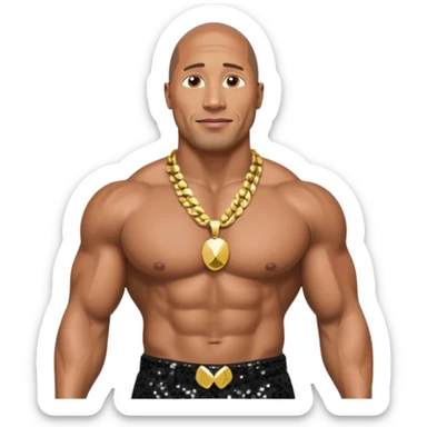 Dwayne Johnson with black sequin baggy pants, shirtless with necklace sticker