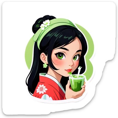 Asian woman with black hair and Matcha sticker