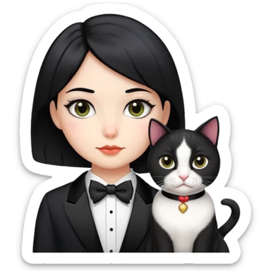 A girl with short black middle parted  hair parted in the middle, fair skin, and a tuxedo cat. sticker