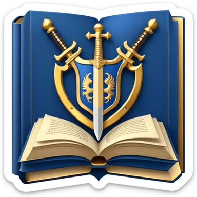 Description: A stylized, heraldic emblem combining an open book with a sword behind it Symbolizes knowledge and personal growth Color palette: Deep blue background, gold/bronze metallic details Represents the core philosophy of The Archives sticker