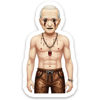 Freddy Krueger with burned skin, dark brown sequin baggy pants, shirtless with necklace sticker