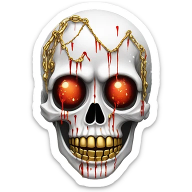 White skeleton zombie person covered in golden chains and black graffiti scribbles and red and silver doodles snowing snowflakes sticker