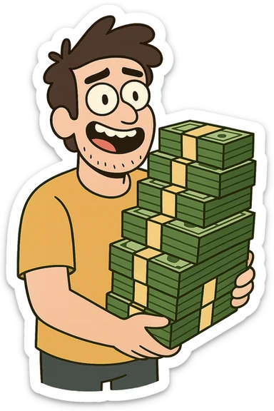 big stack of money, modern look, green gold and white color scheme, rounded shapes, simple design sticker