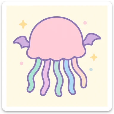 kawaii style jellyfish with no face, pastel dreamy colors, with mini bat wings, floating softly sticker
