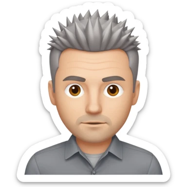 40 yr old white man short spike hair grey dress shirt sticker