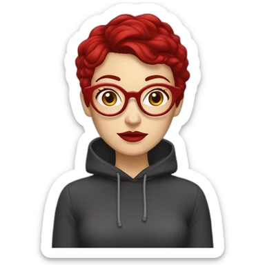 white woman with dark red pixie cut and big red glasses red lips wearing red hoody sticker