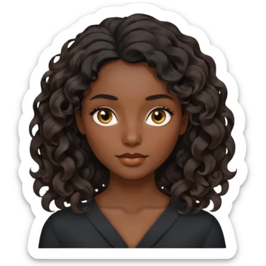 this avatar of 30th year-woman has shoulder-length black wavy hair with loose curls framing the face, and a long, pointed face, black skin with golden-brown eyes and a calm, neutral expression. sticker