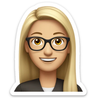 White woman, glasses, long straight hair pulled back at the sides, dark brown eyes smiling while waving sticker