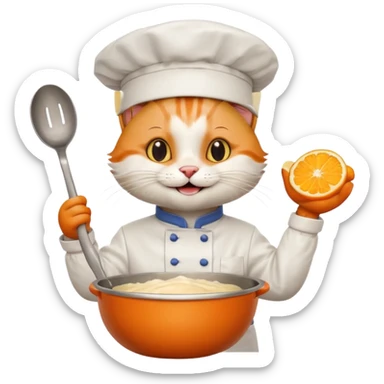 happy cat in chef outfit holding a mixing bowl grinning sticker