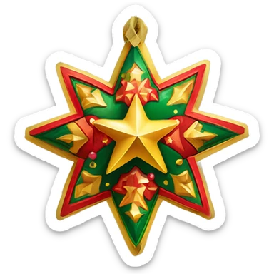 Traditional Ukrainian Christmas star for caroling, decorated with vibrant folkloric patterns, bright gold, red, and green colors, and small bells hanging from the edges, attached to a wooden pole. sticker