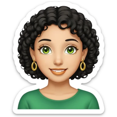 Girl showing happiness, medium skin tone, short curly black hair, gold earrings, green eyes sticker