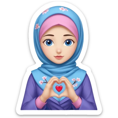 Turkish beautiful finish Konya girl blue eyes with mini cherry blossom hijab and lila blue pink dress and she make heart with hands sticker