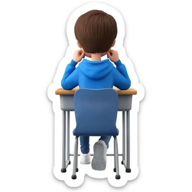 student sitting in classroom back view with hands on chin sticker
