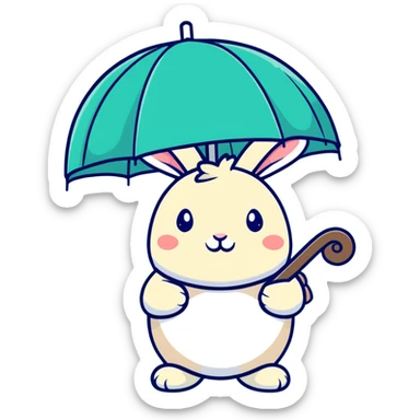chubby bunny holding a mushroom umbrella, pastel beige and moss green sticker