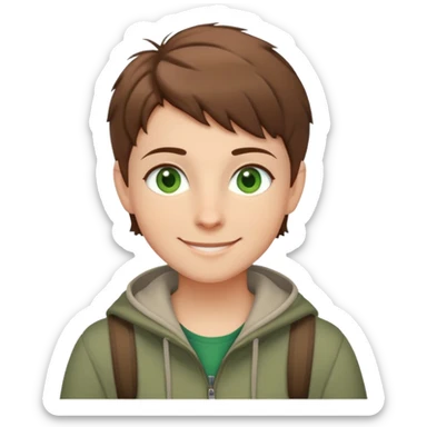 Rudeus Greyrat smiling warmly, green eyes, short brown hair, wearing travel clothes, friendly and kind expression sticker