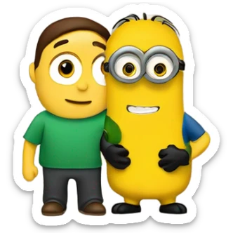 men, brown eyes holding between his arms a minion with green eyes sticker