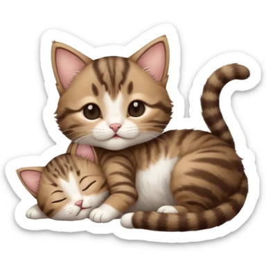 dark brown tabby and white kitten eyes closed whilst in funny positions stretched out and  upside down sticker