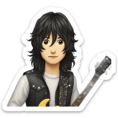 shintaro sakamoto  narrow eyes and Permanent Wave long hair with Gibson sg guitar sticker