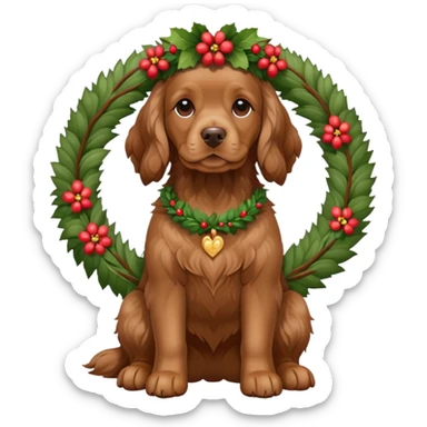 Full body shot of brown cocker spaniel sitting happily with a wreath on his head sticker