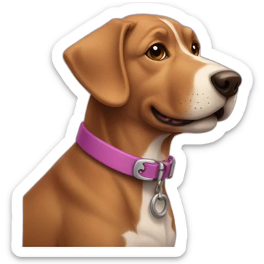 a purple dog with a brown nose and a pink collar with a bone happy  sticker