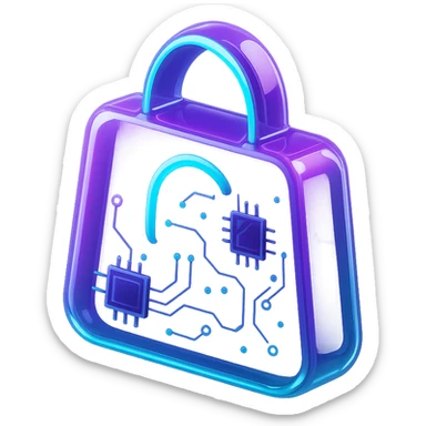 logo for an application, neon purple and cyan colors, black background, tech-inspired sticker