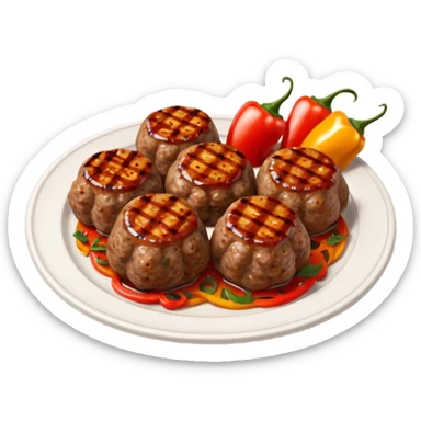 Akçaabat meatballs object icon, grilled Turkish kofte pieces on a plate, smoky char marks, juicy texture, served with grilled peppers and tomatoes, 3D cartoon, mobile game icon style, centered, clean background, no text, no watermark
 sticker
