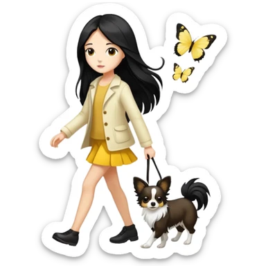 A girl with long black hair walks a yellow and white papillon sticker
