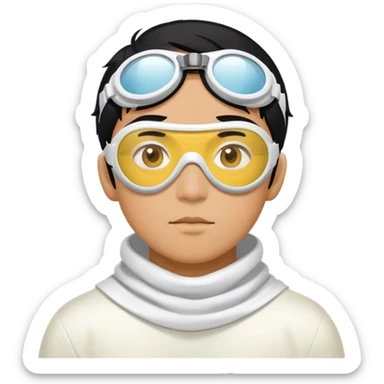 asian hero man with black hair, white circle goggles over the eyes, a yellow cowl sticker